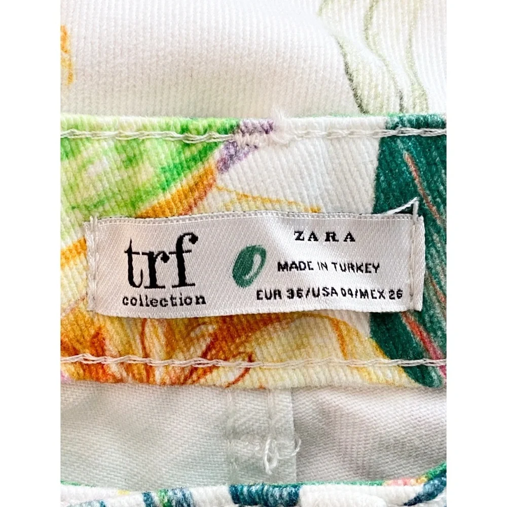 Zara Womens Pants 4 White Tropical Coastal Print Denim Straight Leg Crop Jeans - Picture 10 of 11